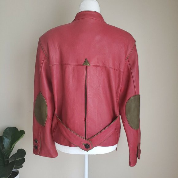 Leather Sound LS Red Leather Jacket Green Accents Sz 38 Vintage 80s - Picture 8 of 12